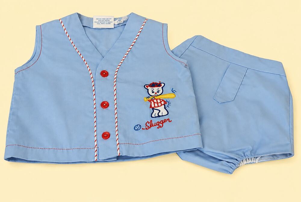 Vintage Baby Matching Set Shirt Diaper Cover Embroidered Baseball Slugger